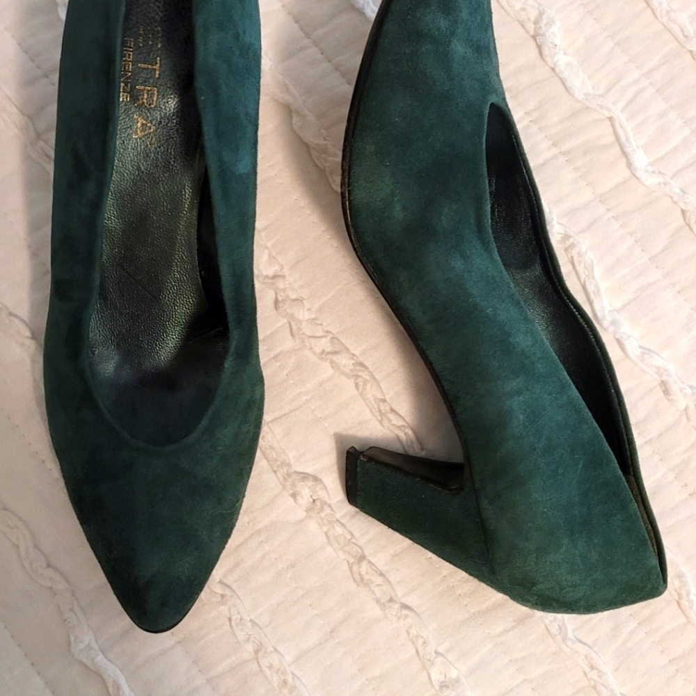 Dark green suede pumps